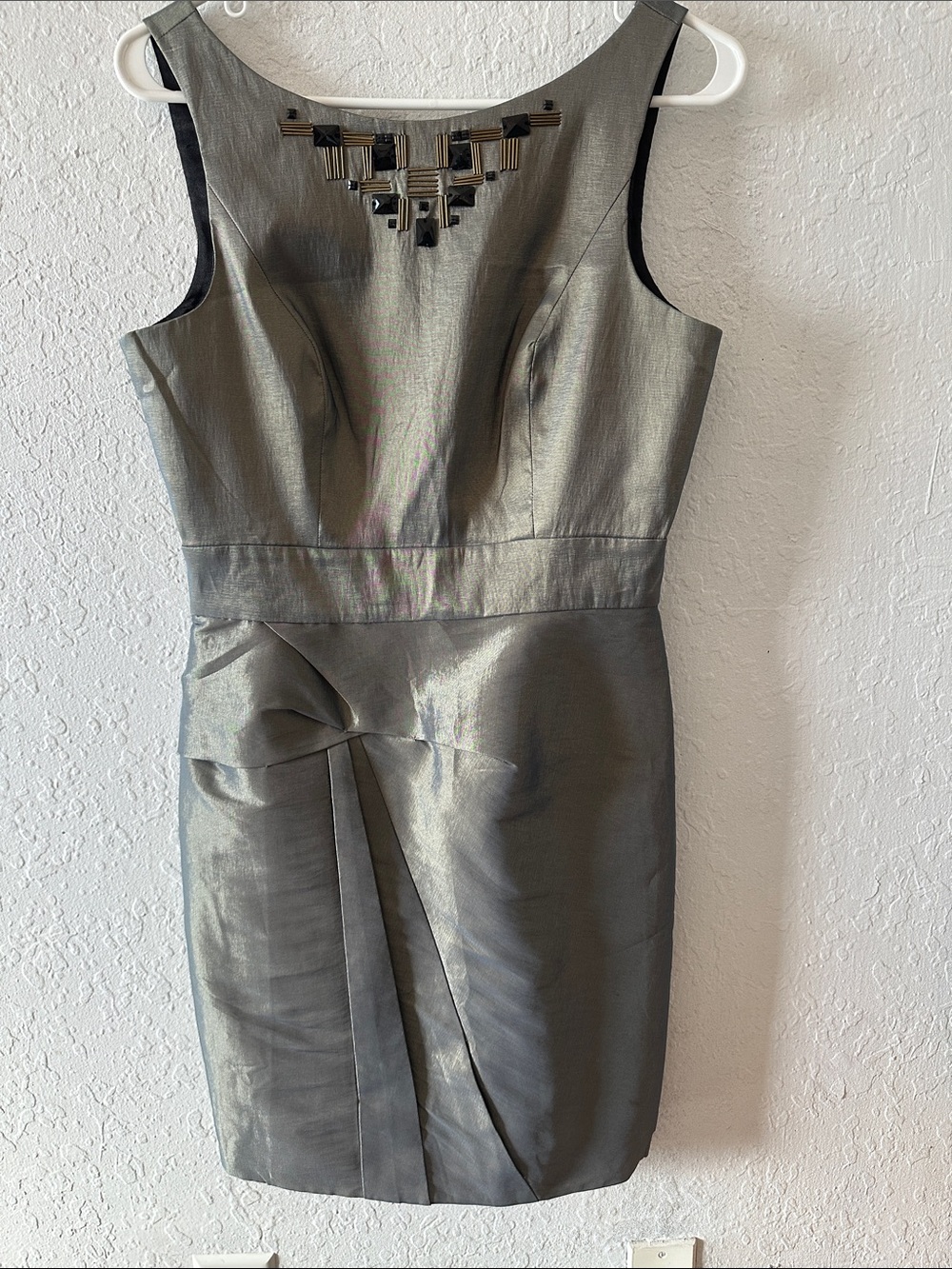 Sleeveless Metallic Gray Sheath Dress with Embellished Neckline
